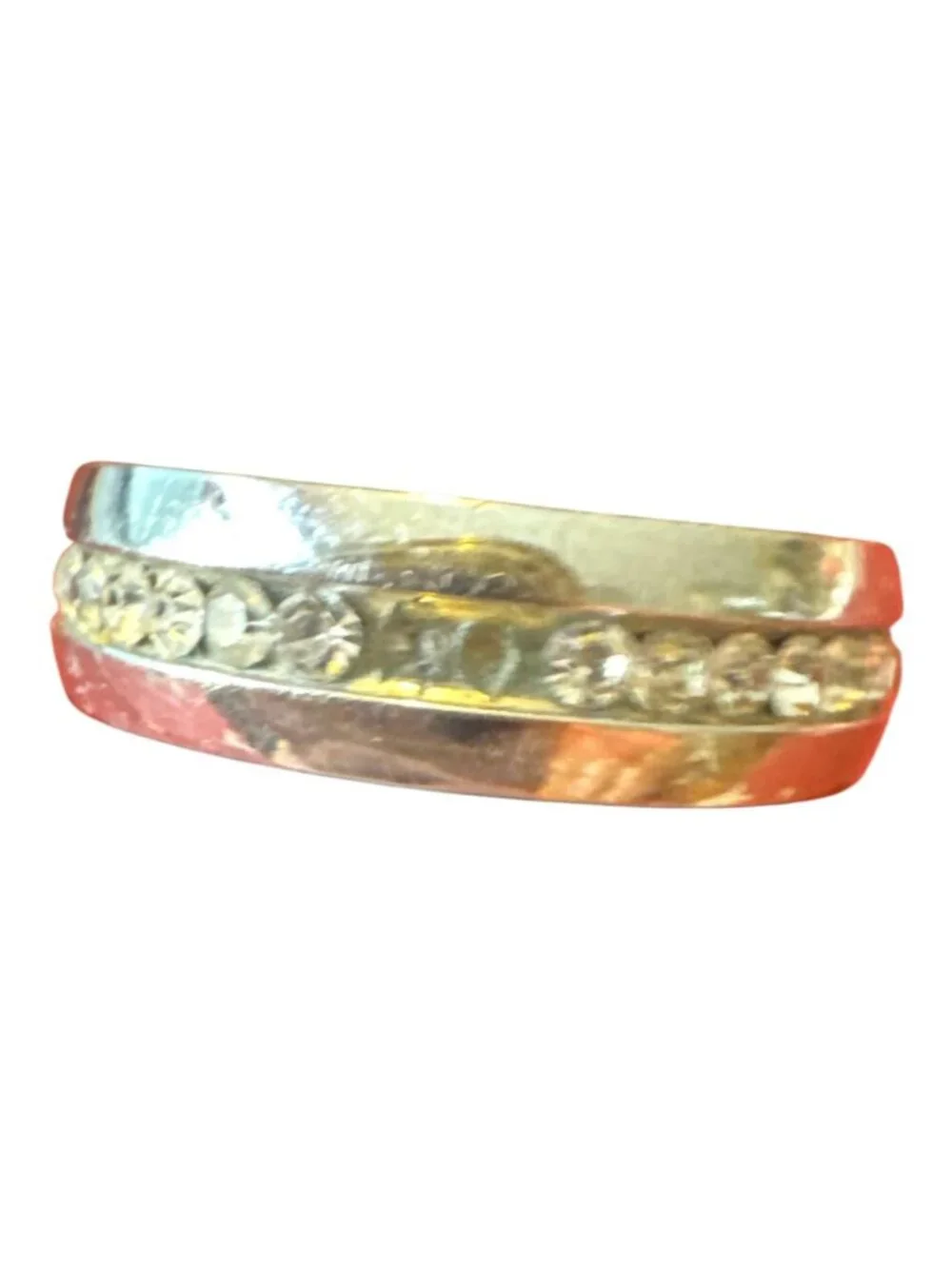 Silver-Tone Band Ring With Clear Rhinestones & Textured Red Accents